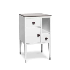 Abisko high leg bedside table, white, concrete top, handle brown elk leather