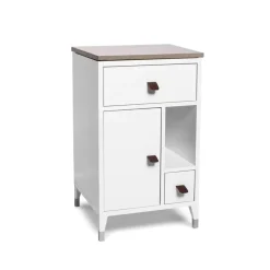 Abisko low leg bedside table, white, top concrete, handle brown elk leather