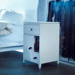 Abisko low leg bedside table, white, top concrete, handle brown elk leather