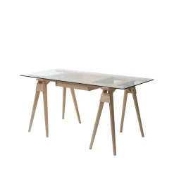 Arco desk, Oak clear lacquer incl. box, glass tabletop