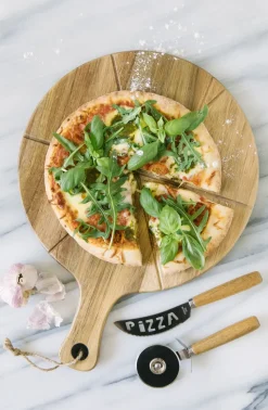 Pino pizza set knife and pizza cutter, Acacia-stainless steel